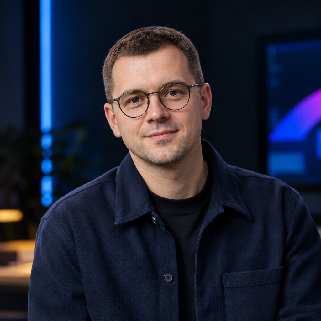 Maksym Bondar, a Ukrainian man with close-cropped hair and glasses wearing a navy overshirt, photographed as a conference speaker