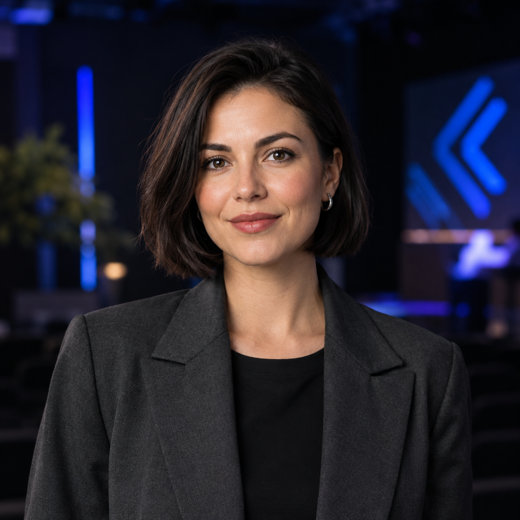 Olena Koval, a Ukrainian woman with a short dark bob wearing a charcoal blazer, photographed as a conference speaker