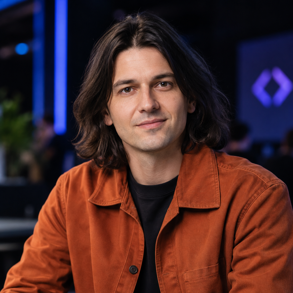 Roman Marchenko, a Ukrainian man with shoulder-length dark hair wearing a rust-colored jacket, photographed as a conference speaker