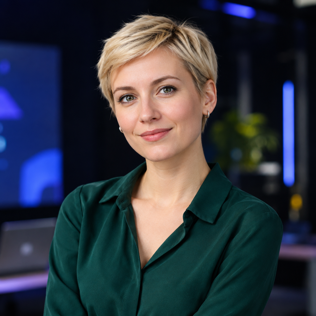 Sofia Lysenko, a Ukrainian woman with a blonde pixie cut wearing a deep green blouse, photographed as a conference speaker