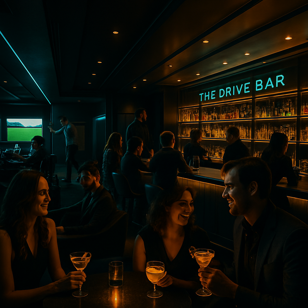 Moody lounge interior with a long illuminated bar, sleek high-top tables, and cyan accent lighting reflecting on polished surfaces
