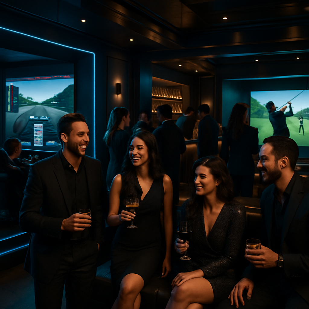 Group of stylish guests standing around a high-top table in a dim lounge with neon accents