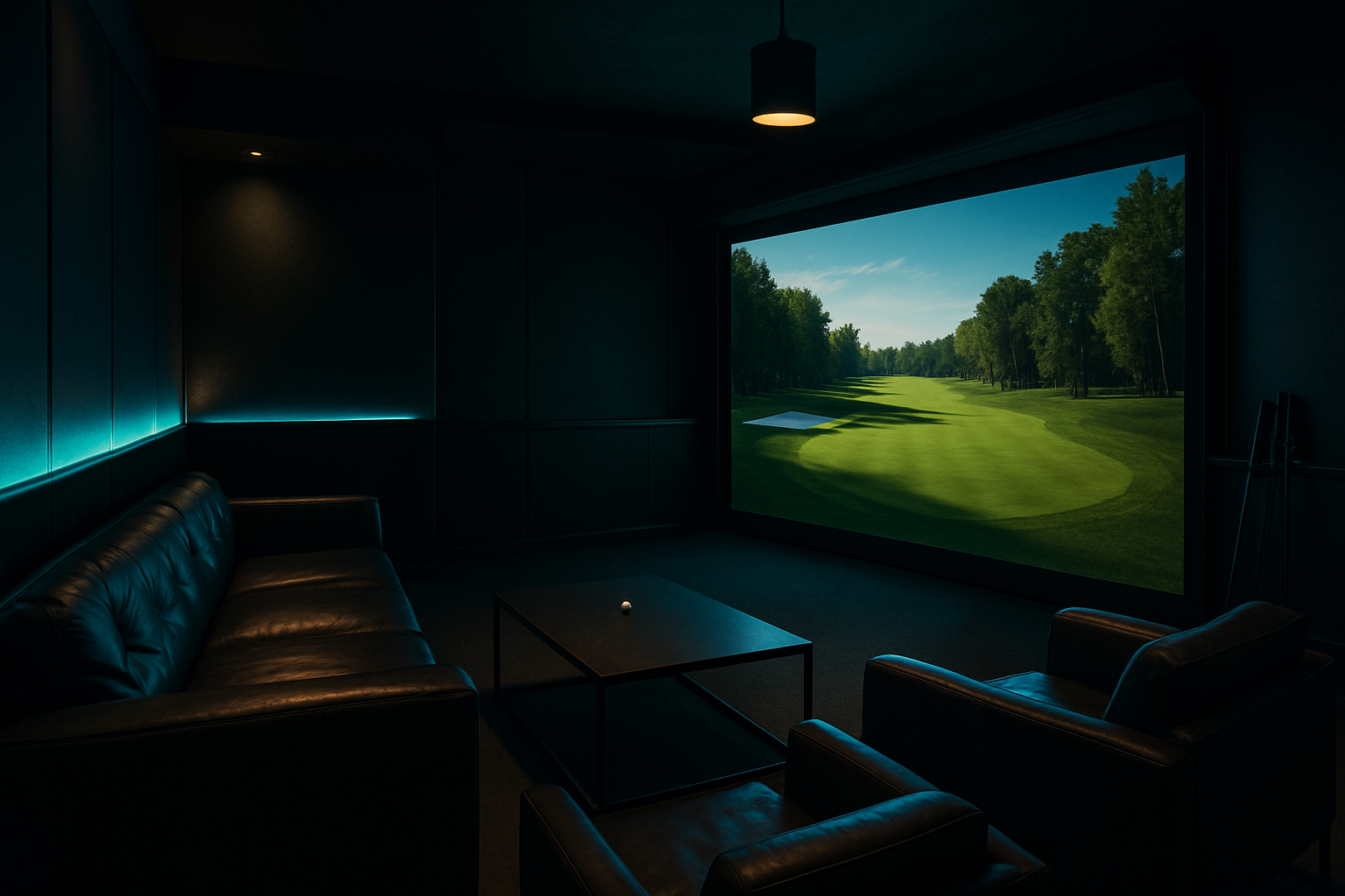 Upscale golf simulator bay with a widescreen course display, sleek seating, and soft cyan accent lighting in a dark lounge