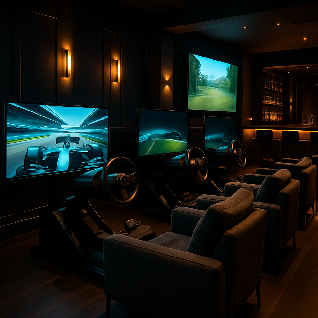 Row of simulator bays with plush seating and warm accent lights, arranged for group bookings in a stylish lounge