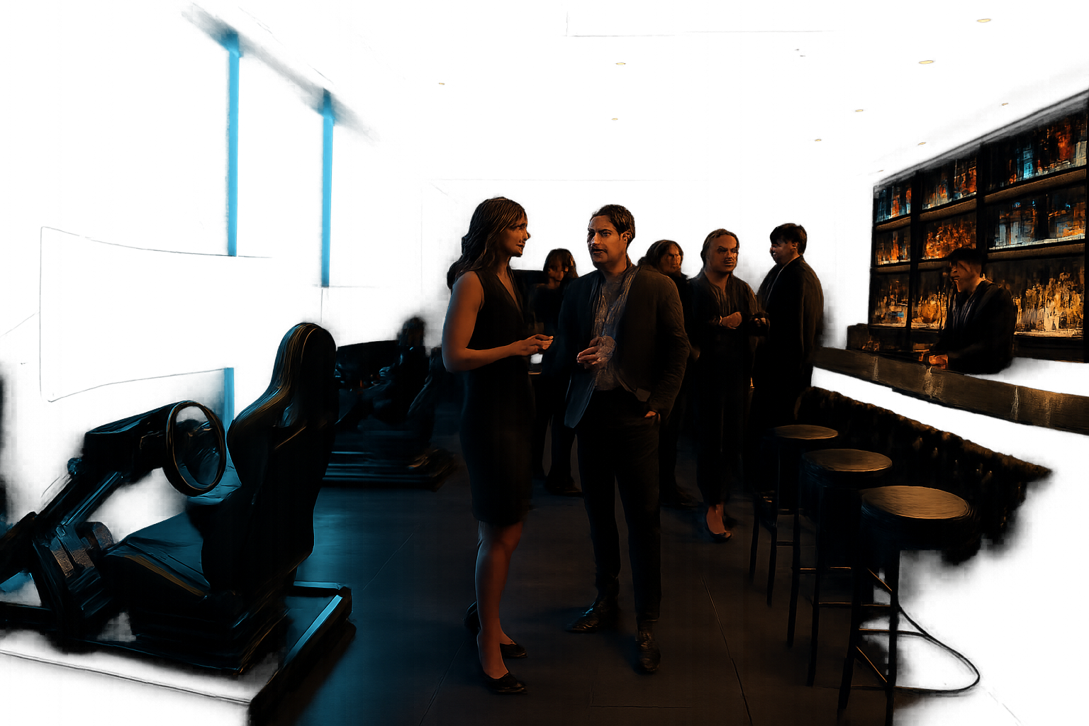 Elegant private event lounge with racing simulators, cyan accent lighting, and guests gathered around a sleek bar