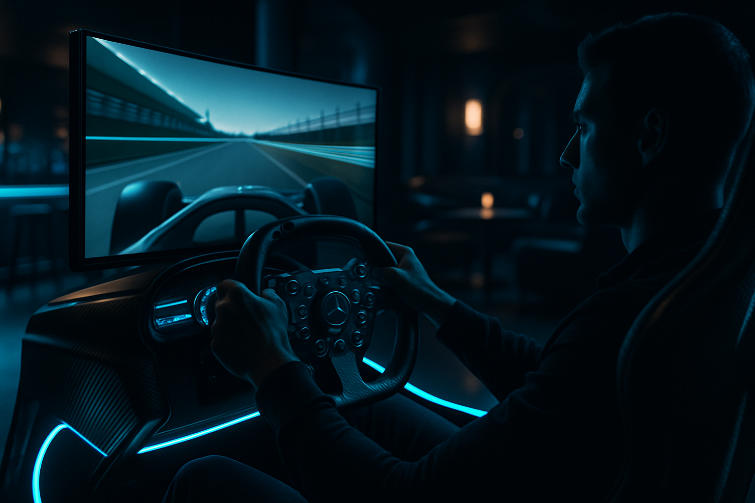 Cinematic close-up of a premium racing simulator rig with carbon fiber details, LED accents, and a focused driver in a dark lounge