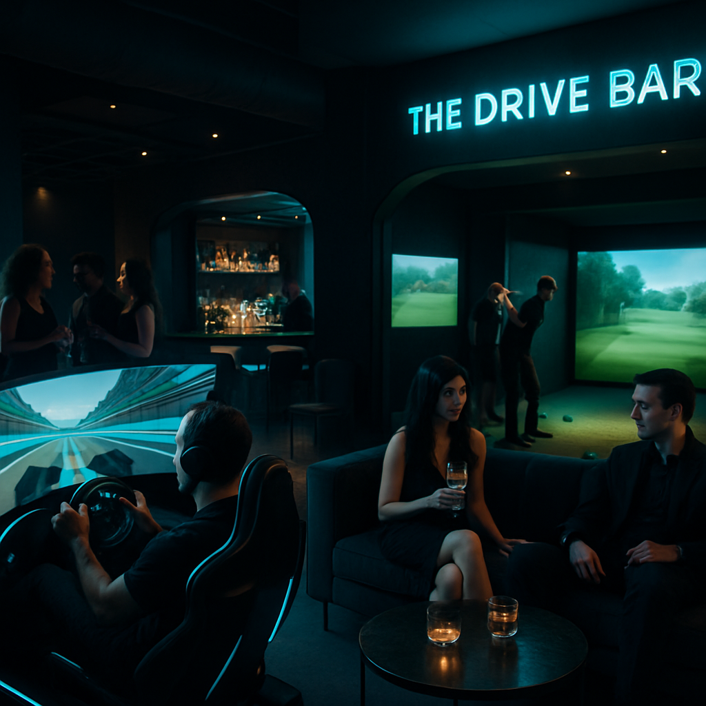 Upscale simulator lounge featuring a sleek racing cockpit beside relaxed golf bays, cyan accent lighting, and a social bar backdrop with warm, approachable ambiance