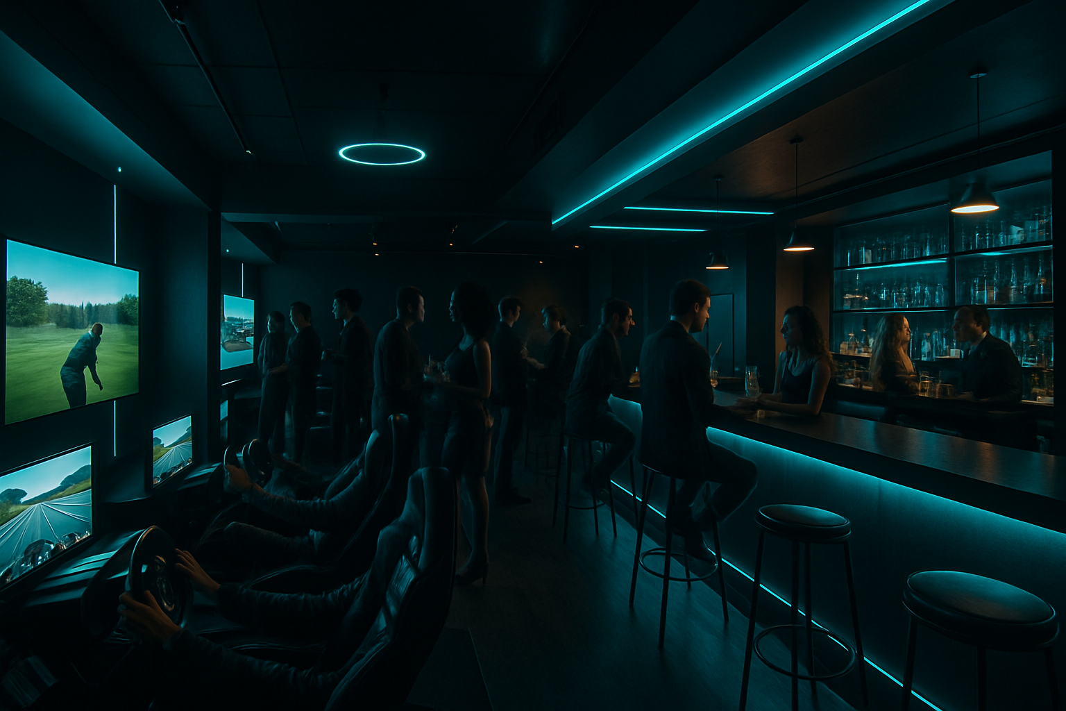 Wide view of a premium simulator lounge with multiple bays, energetic guests, and neon cyan lighting creating a social competition vibe