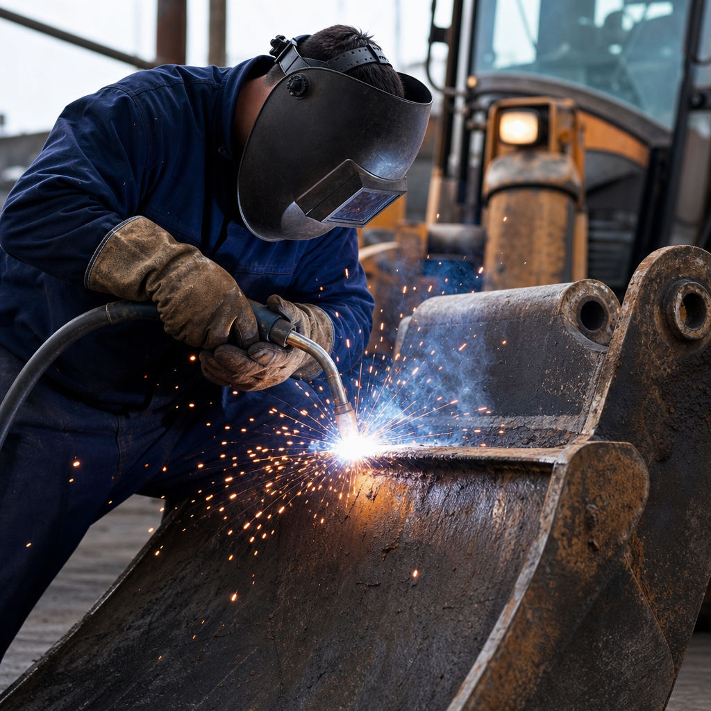 Skilled welder repairing a metal gate with protective gear and bright welding sparks in a workshop