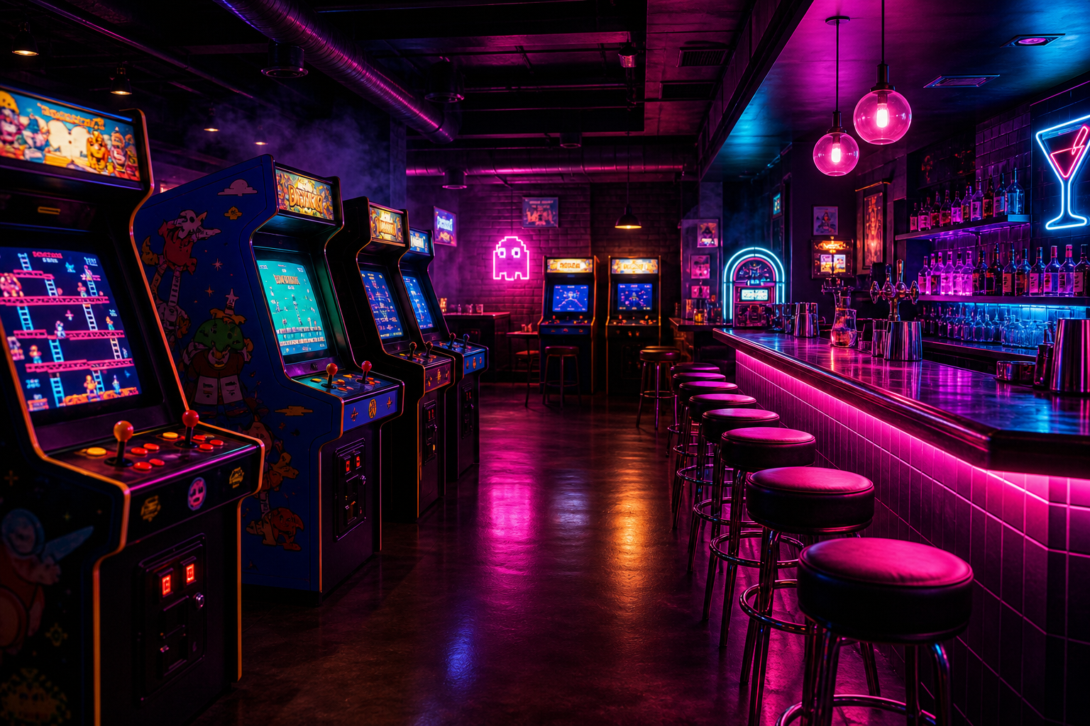A neon-lit retro arcade bar interior with glowing cabinets, magenta and cyan lighting, and a vibrant cocktail bar