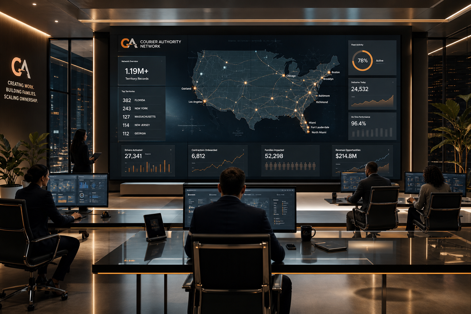 Premium logistics operations control room with analysts reviewing route intelligence, digital maps, and fleet performance dashboards in a softly lit executive command center