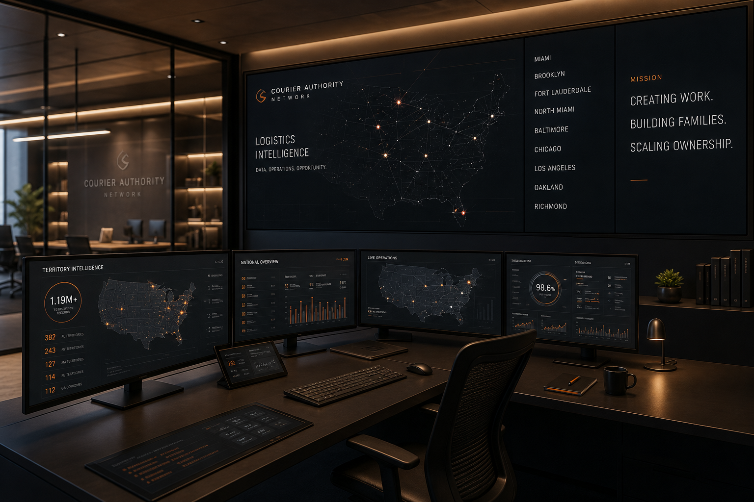 Executive logistics control room with modern dispatch screens, quiet luxury interior, soft neutral lighting, and a refined premium operations atmosphere