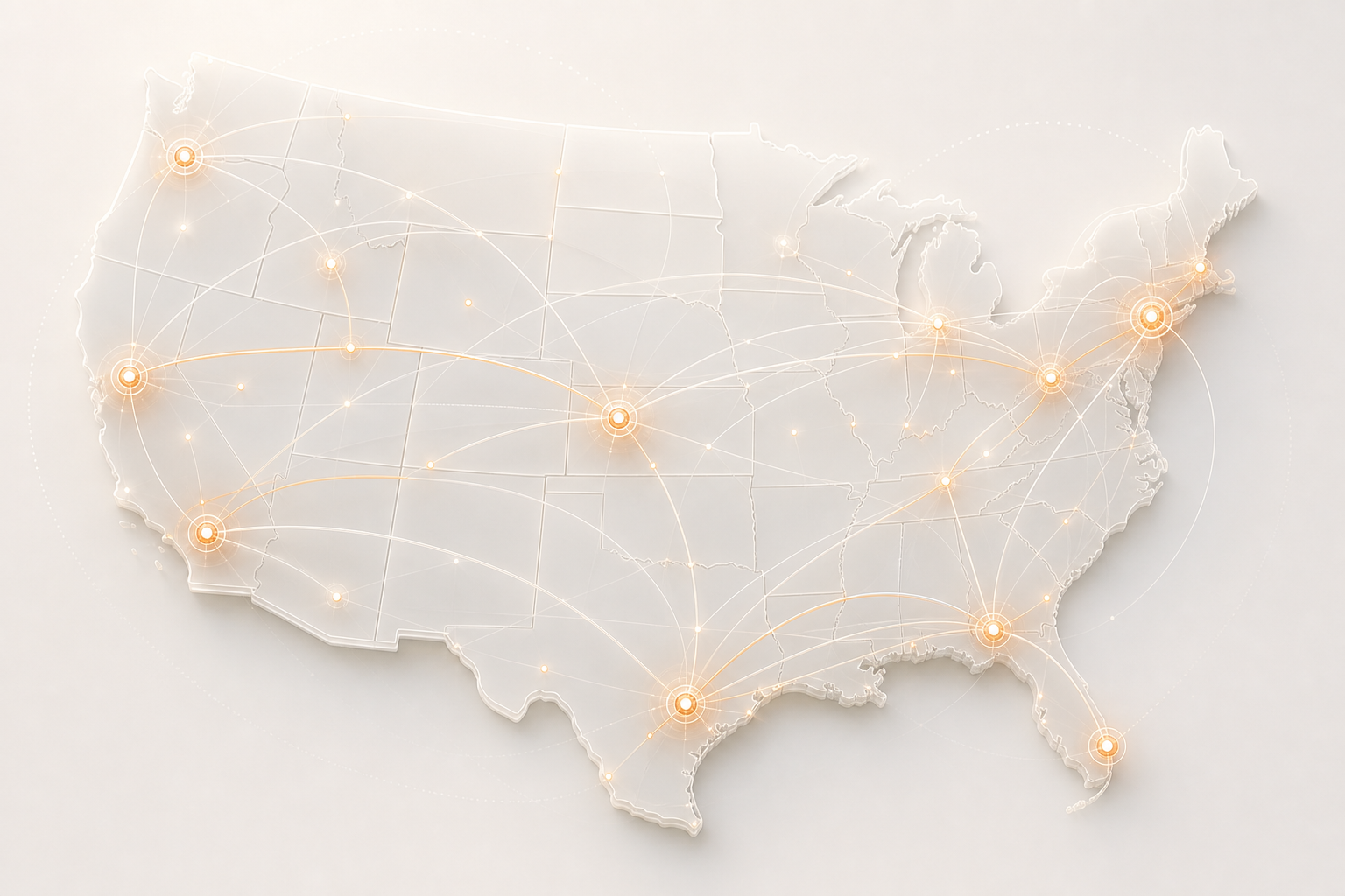 Minimal enterprise map of the United States with highlighted corridor nodes and soft route overlays