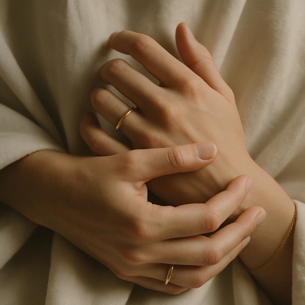 Close-up of hands intertwined with subtle gold jewelry