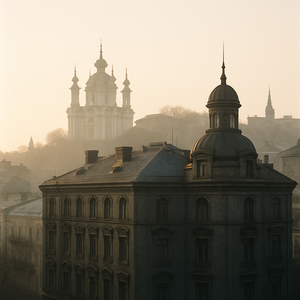 Film still of Kyiv architecture at dawn