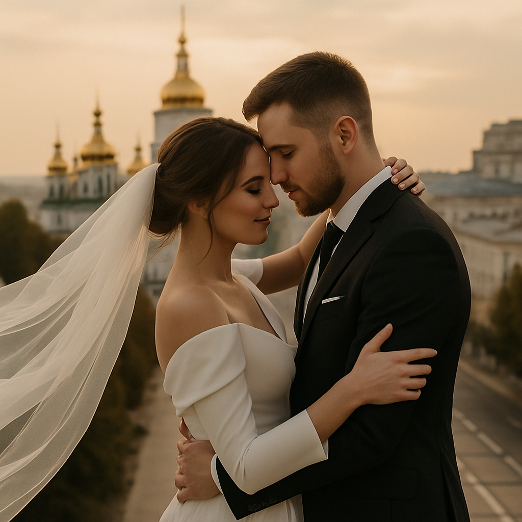 Bride and groom embracing in warm evening light