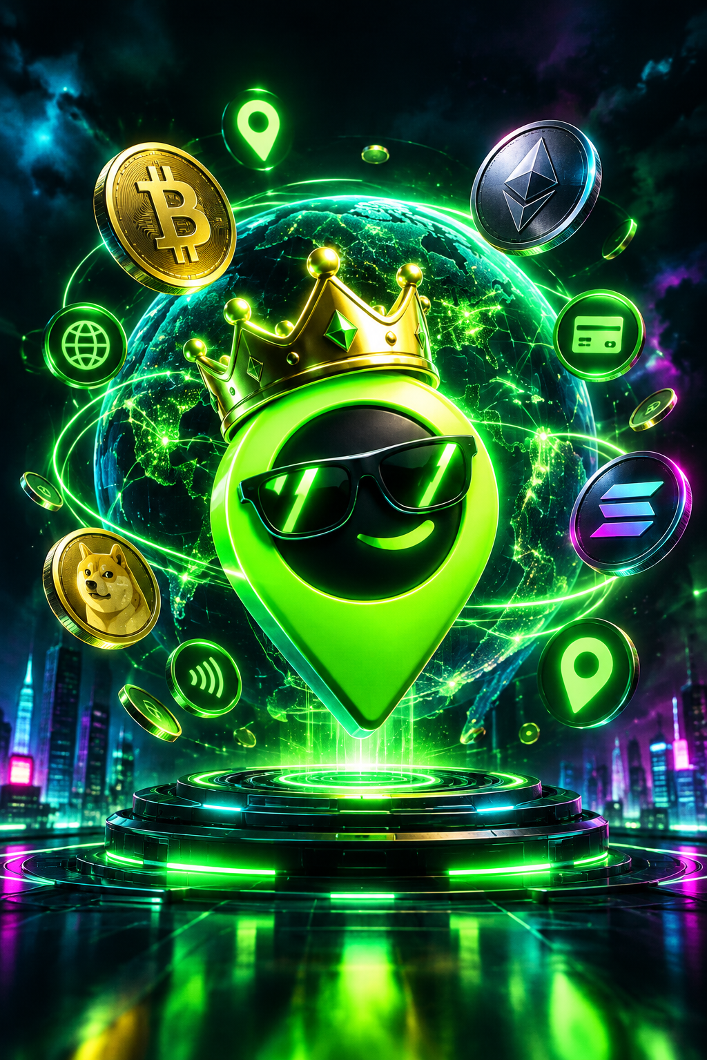 Crowned neon network-pin mascot with globe circuitry, floating crypto coins, and luminous payment symbols in a futuristic green-on-dark scene