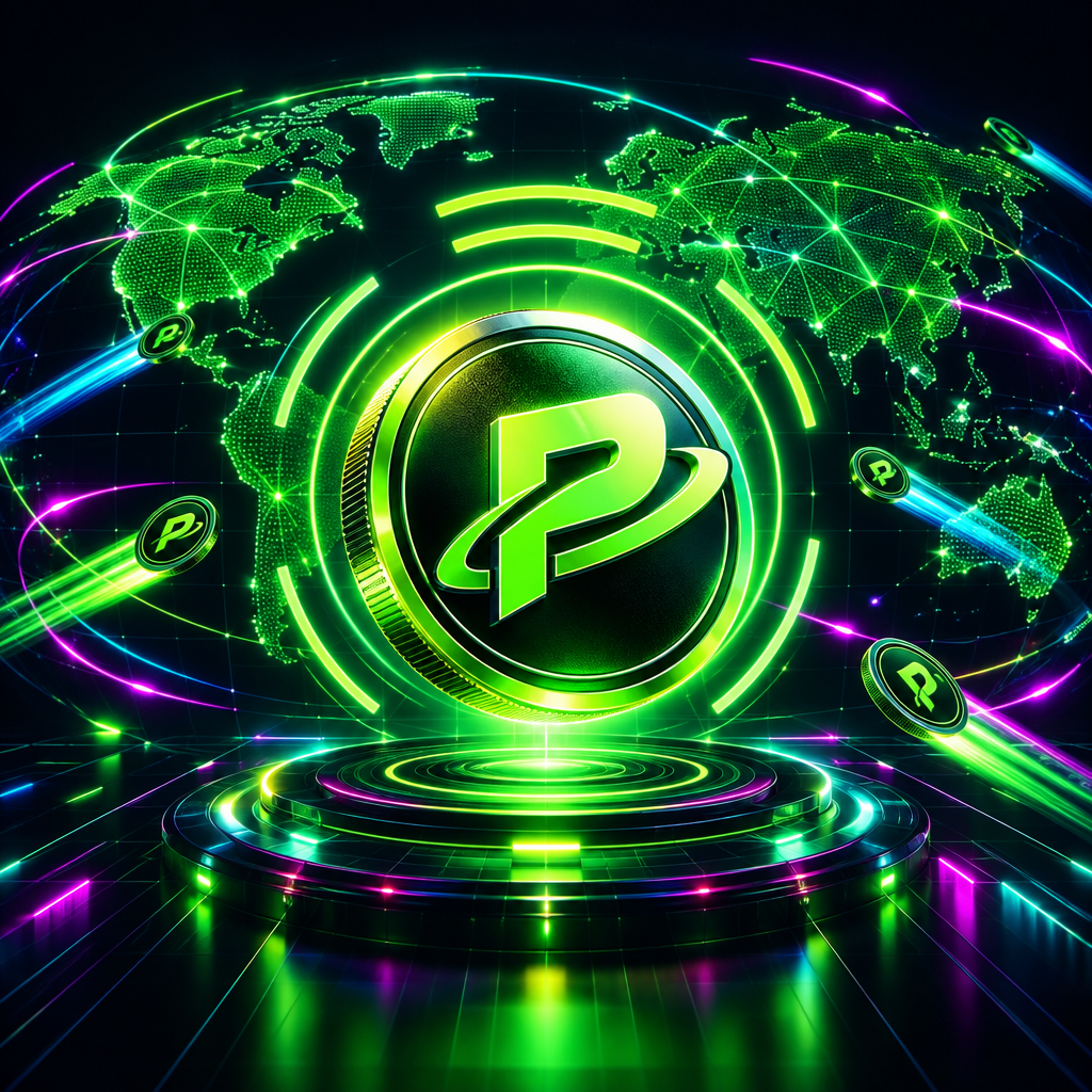 Neon crypto emblem showing a glowing PayPoint token over a digital world grid with payment signal rings