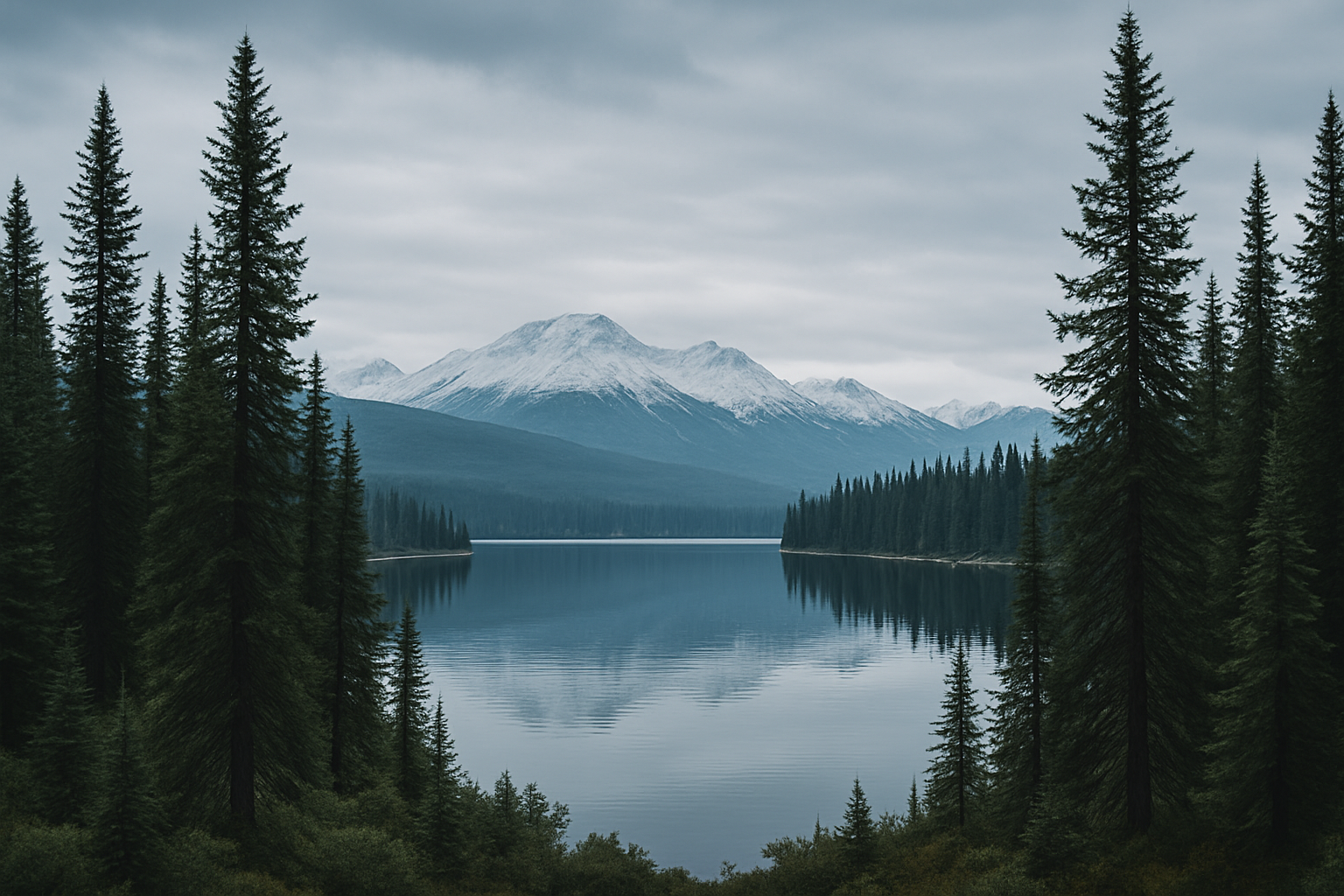 A refined northern landscape with crisp evergreens, a calm lake, and distant mountains under a cool, overcast sky