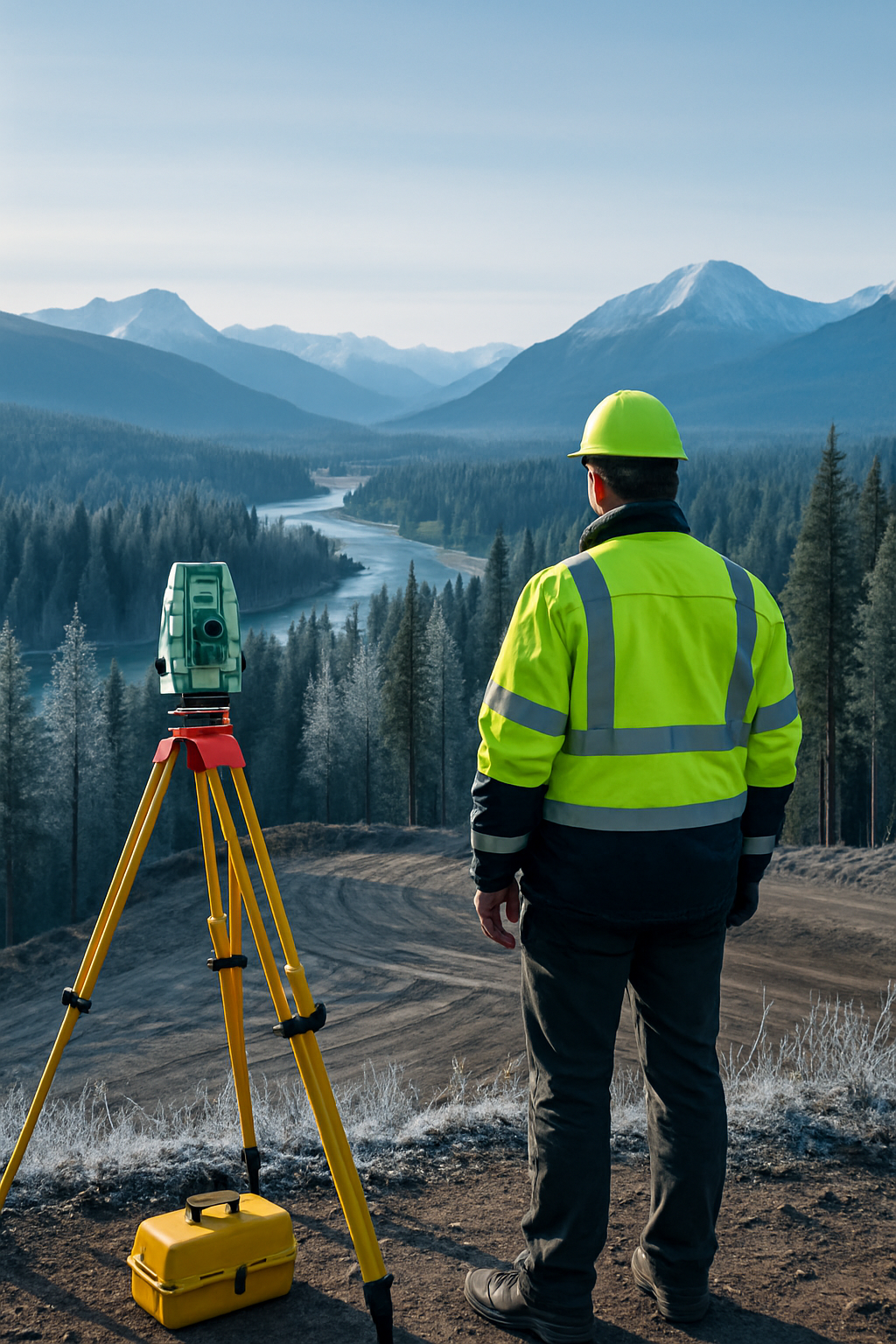 Surveyor overlooking a northern landscape with frosty pines, a winding river, and survey equipment near a land development site