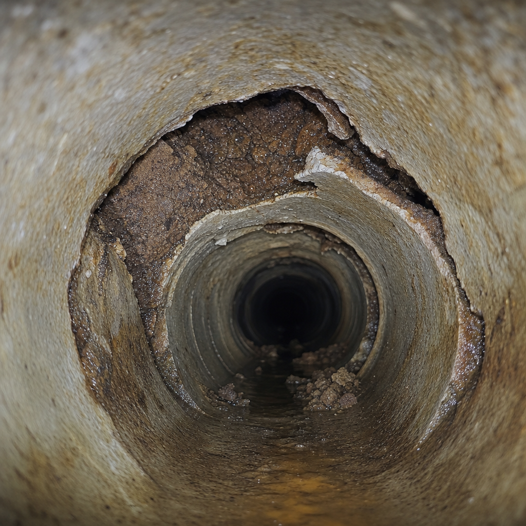 Sewer camera view of a pipe interior with light mineral scale and small crystalline deposits along the wall