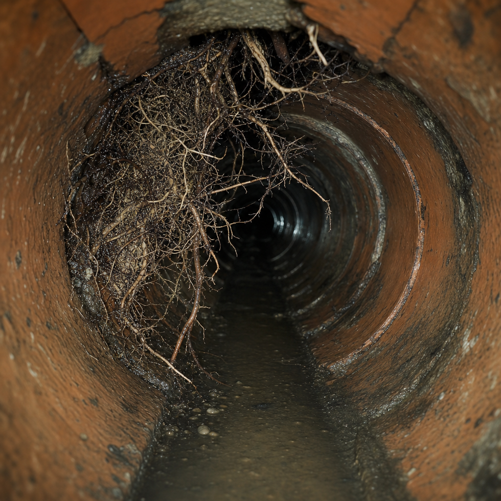 Sewer camera view showing thick tree roots intruding into a clay pipe