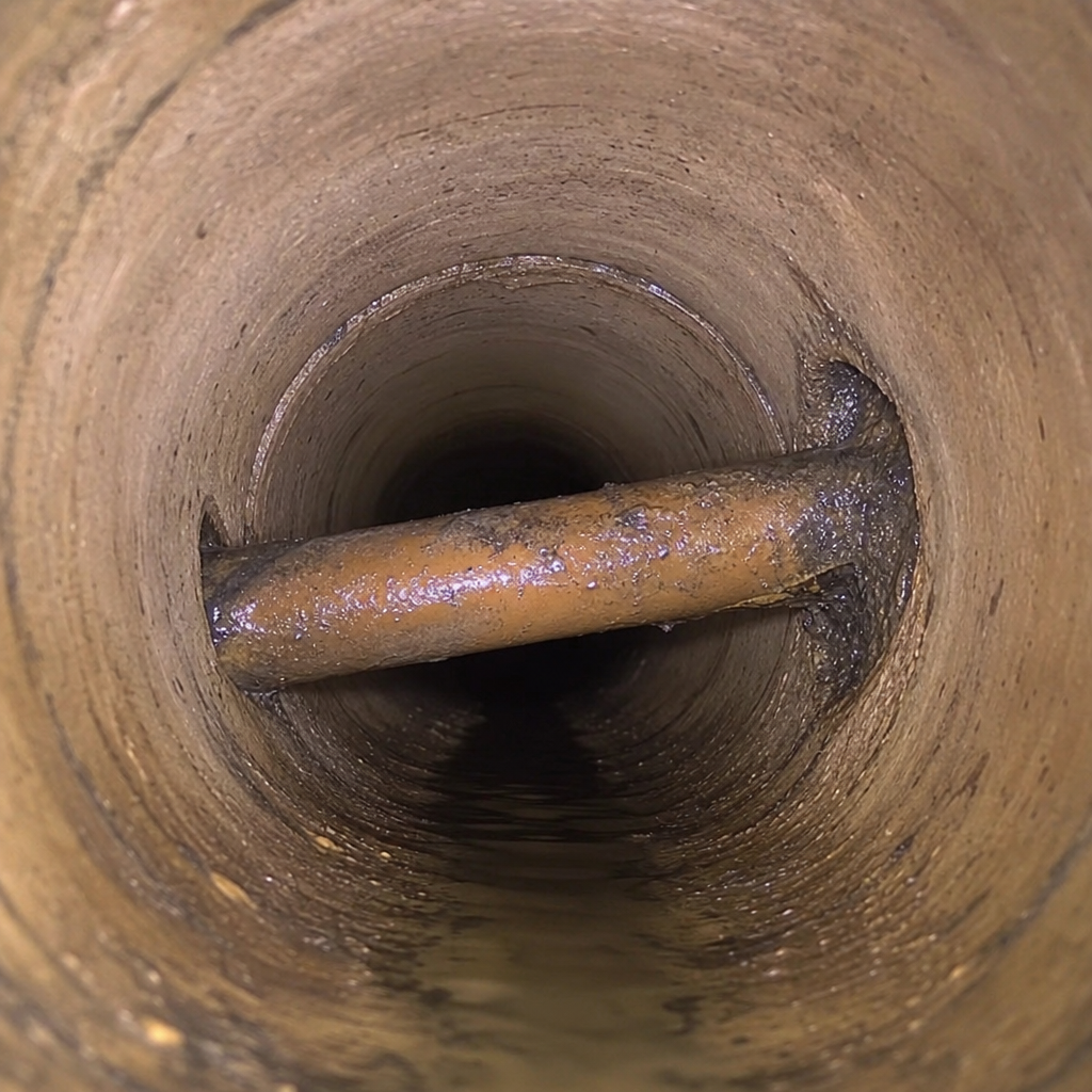 Sewer camera view of a smooth PVC pipe with shallow standing water