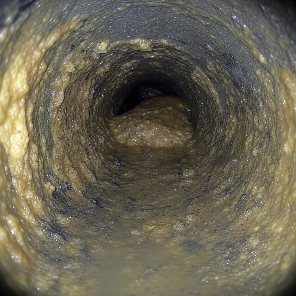 Sewer camera view of a cast iron pipe with surface corrosion