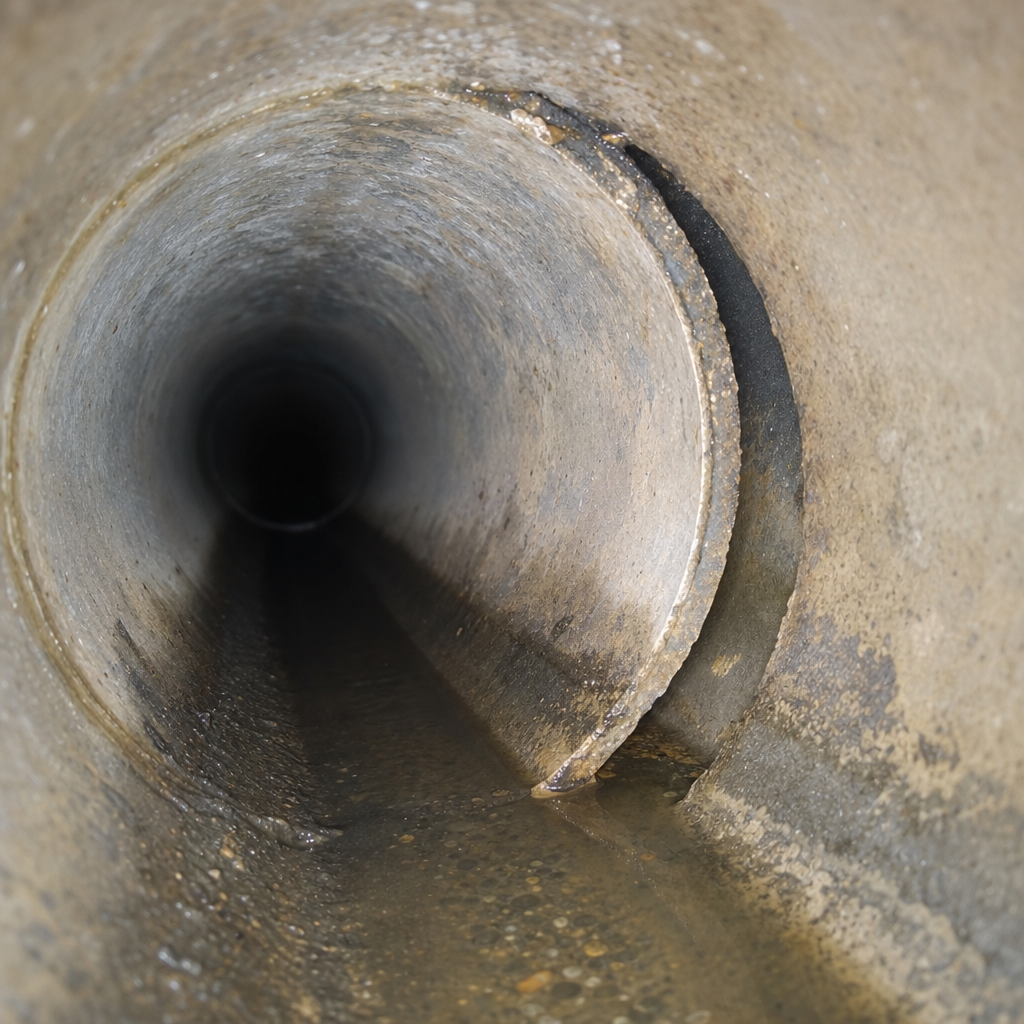 Sewer camera view of an offset joint where two pipe sections are misaligned