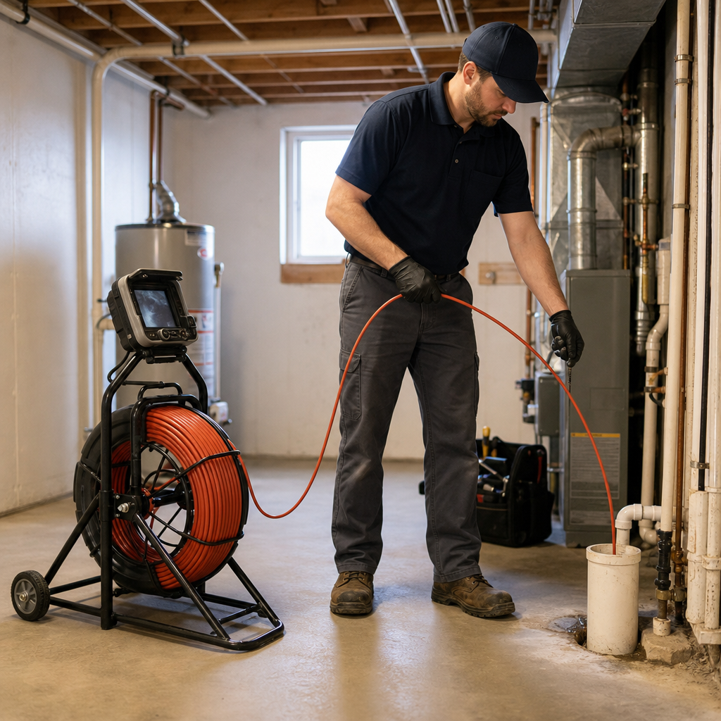 Technician using a sewer camera reel in a residential basement