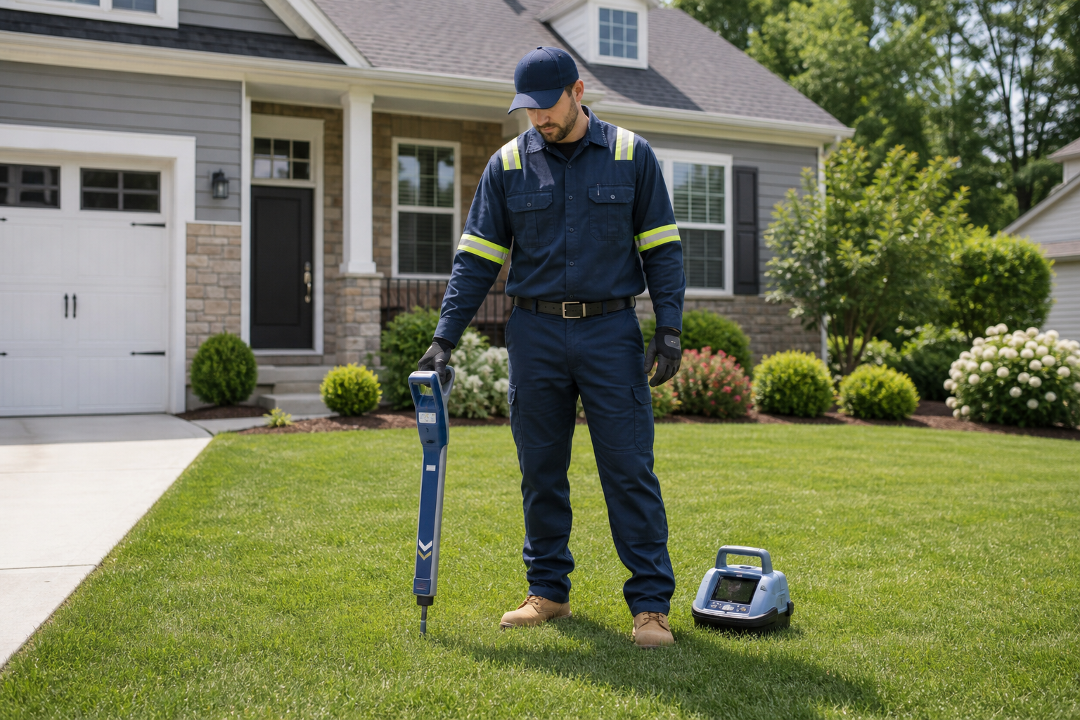 Sewer technician using a locator on a residential lawn