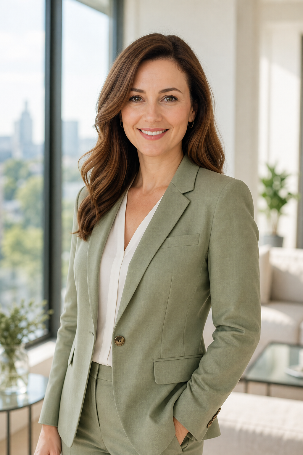 Portrait of Olha Melnyk, a real estate agent in Kyiv, standing confidently in a bright modern setting