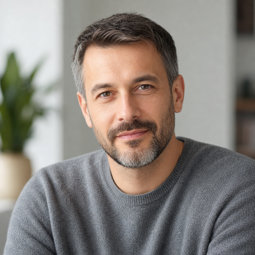 Portrait of Dmytro Bondarenko, a bearded man in his forties wearing a casual sweater