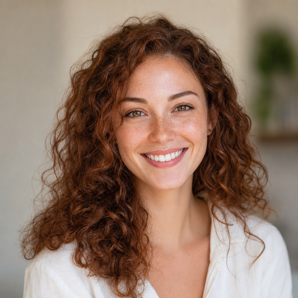 Portrait of Iryna Marchenko, a young woman with curly reddish hair smiling warmly