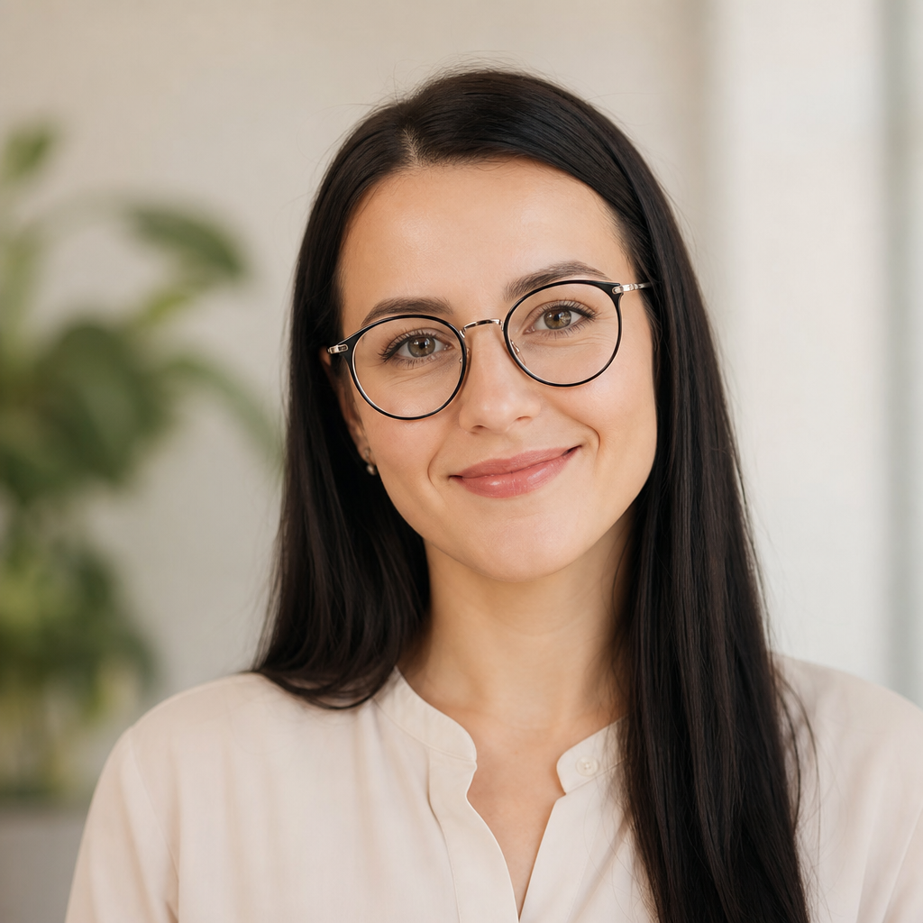 Portrait of Olena Tkachenko, a young woman with long dark hair wearing glasses