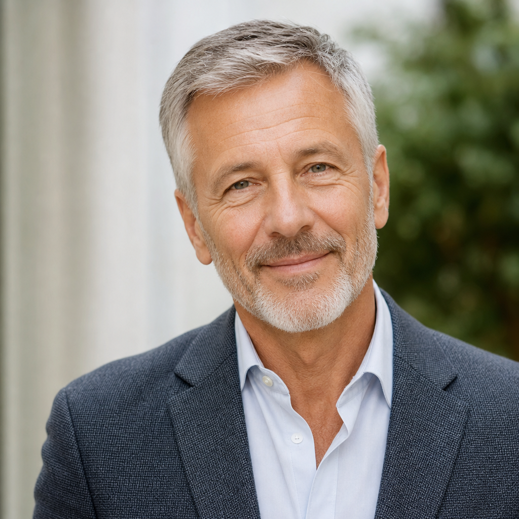 Portrait of Serhii Melnyk, an older man with gray hair and a warm confident expression