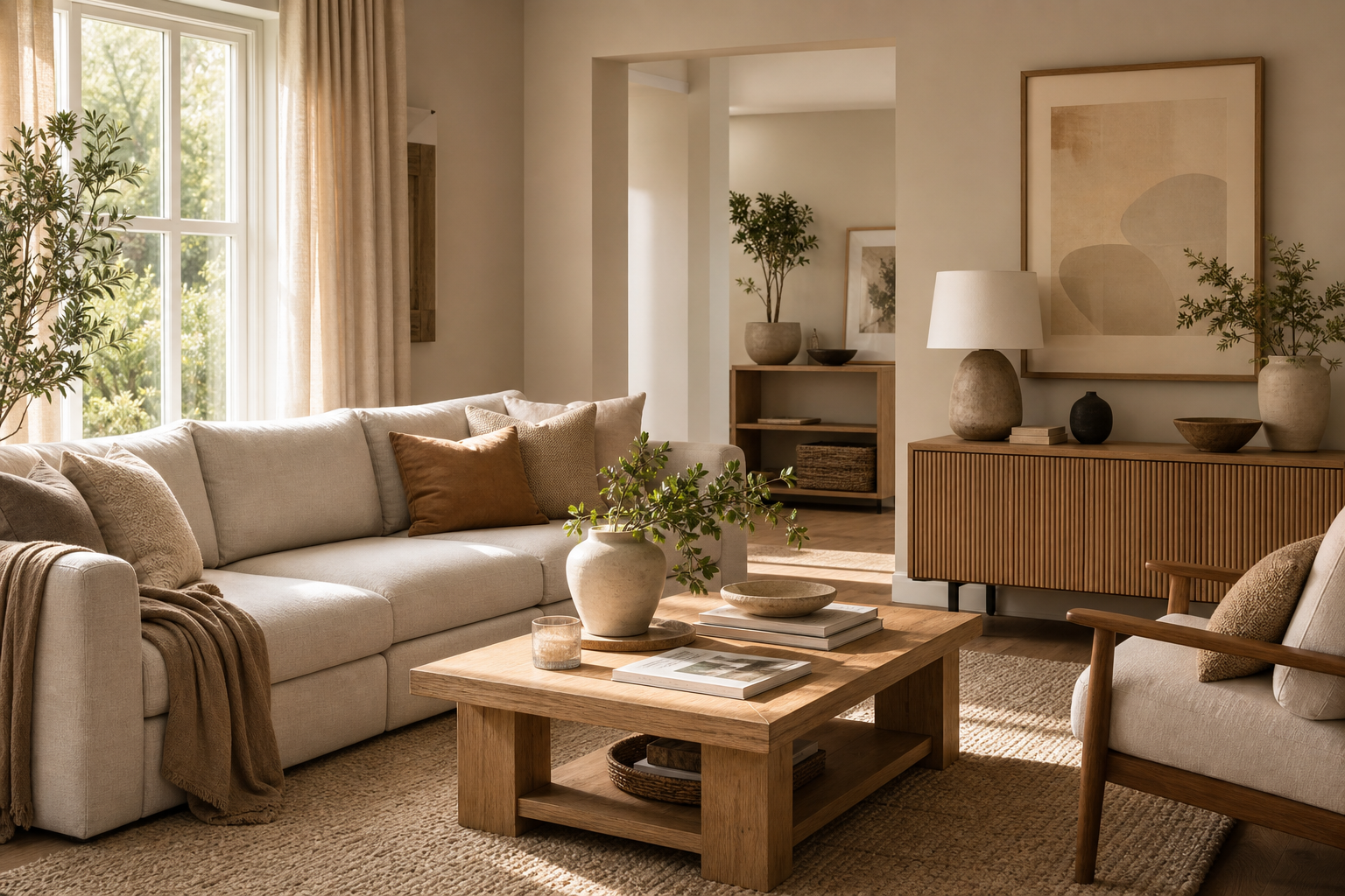 Sunlit modern living room with soft beige sofa, warm oak coffee table, textured rugs, and curated neutral decor
