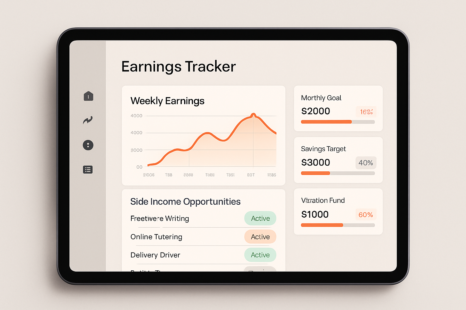 Modern earnings tracker dashboard mockup showing income opportunities list, weekly earnings chart, and goal progress cards