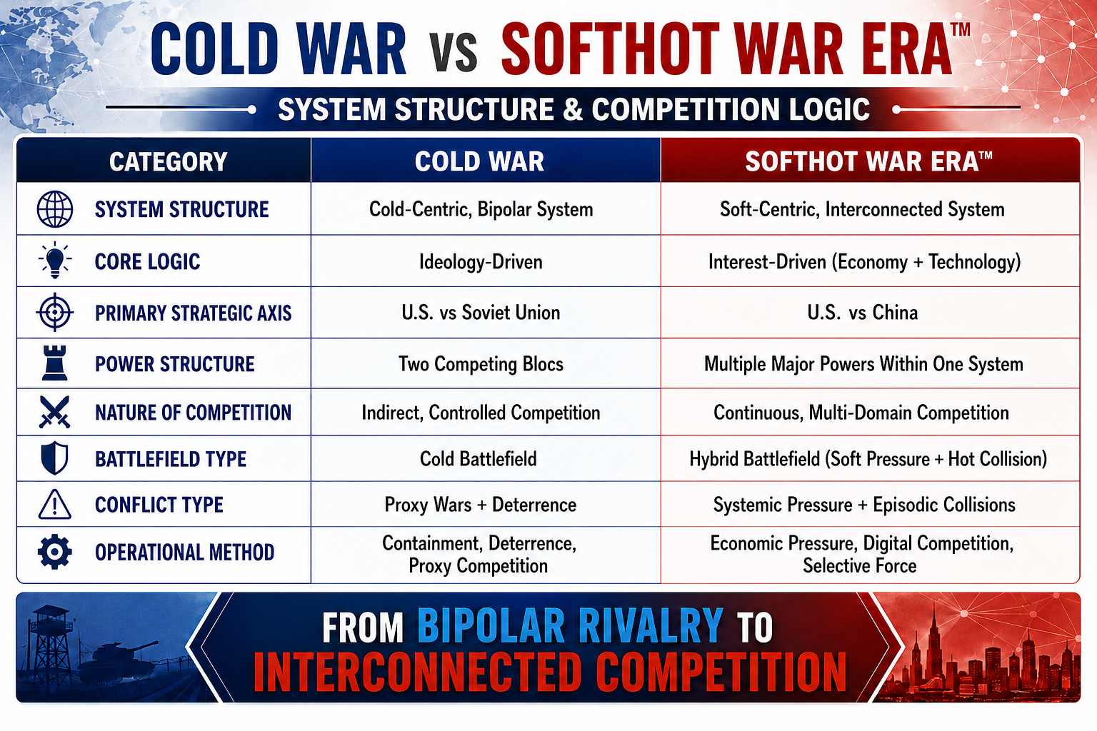 Infographic comparing Cold War separation and Softhot War Era interconnection, showing shifts from bipolar rivalry to continuous system competition
