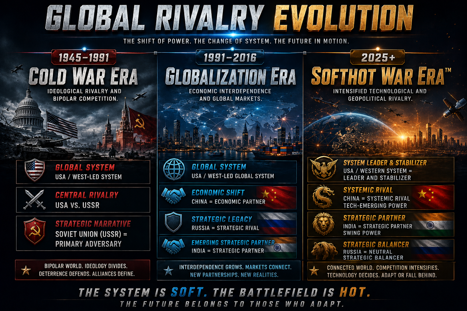 Global geopolitical system evolution chart with layered nodes, regional arcs, and strategic flow lines