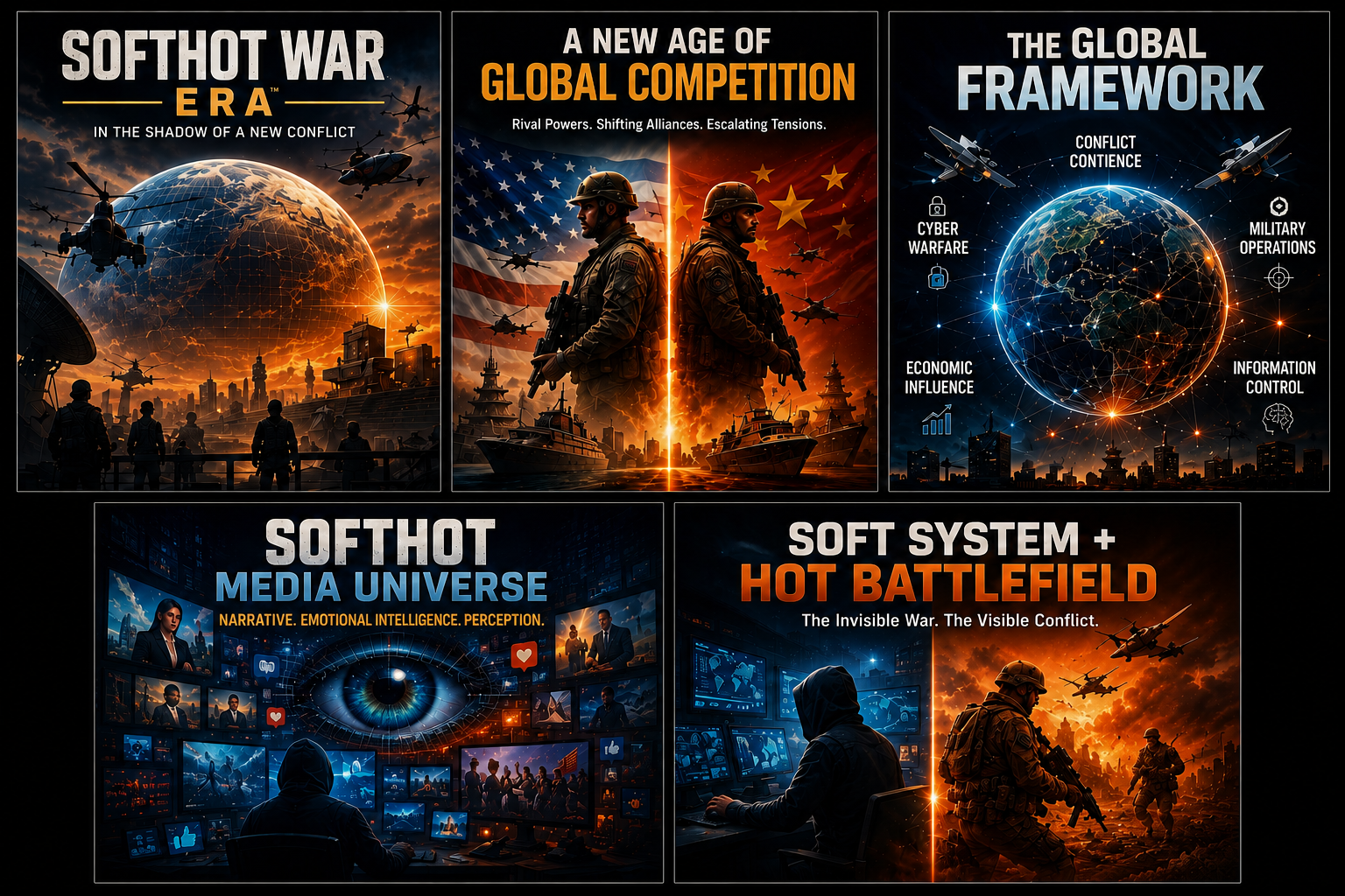 Research, strategy, and visual storytelling montage with analytical panels, data grids, and geopolitical imagery