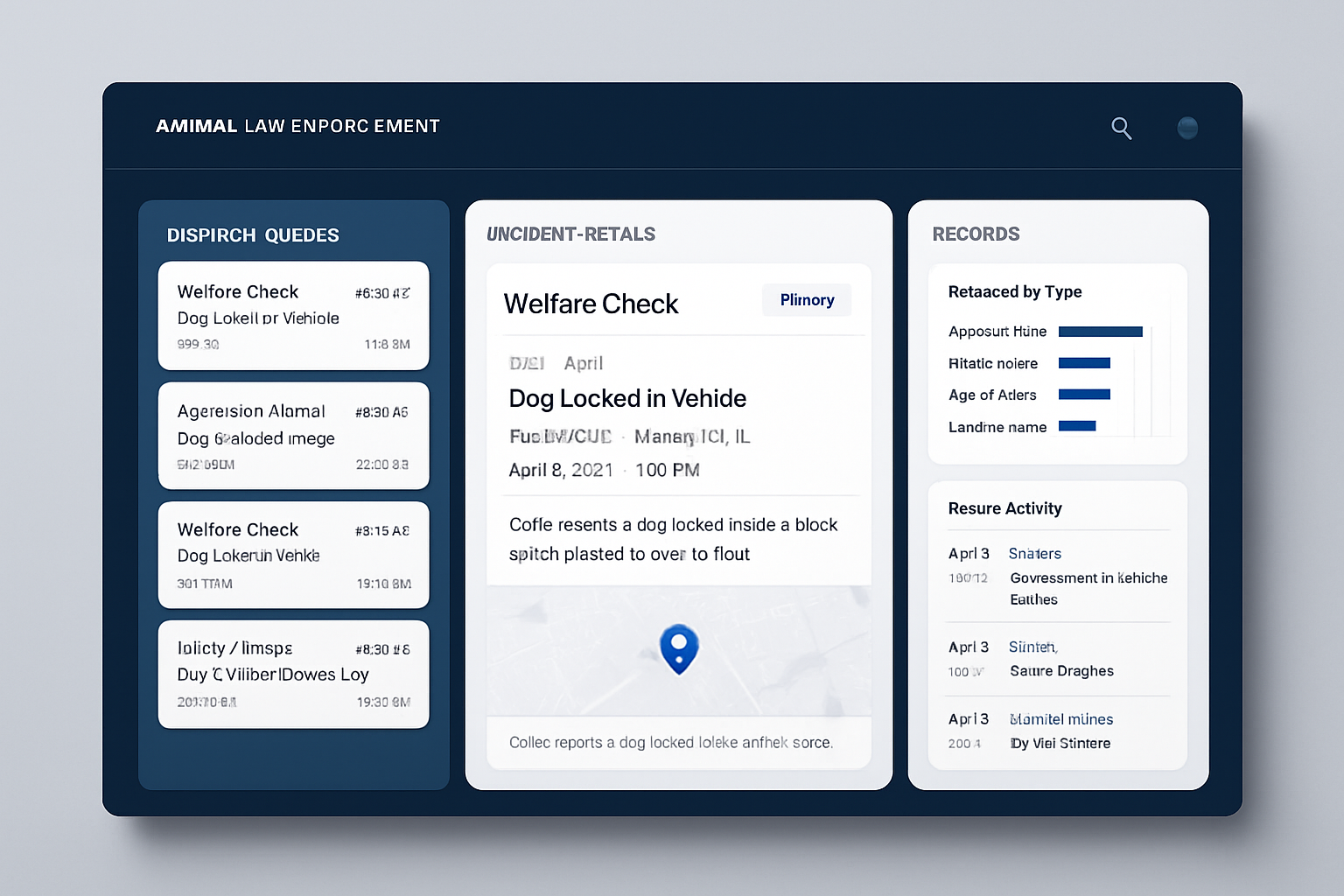 Modern CAD and RMS dashboard interface for animal law enforcement operations