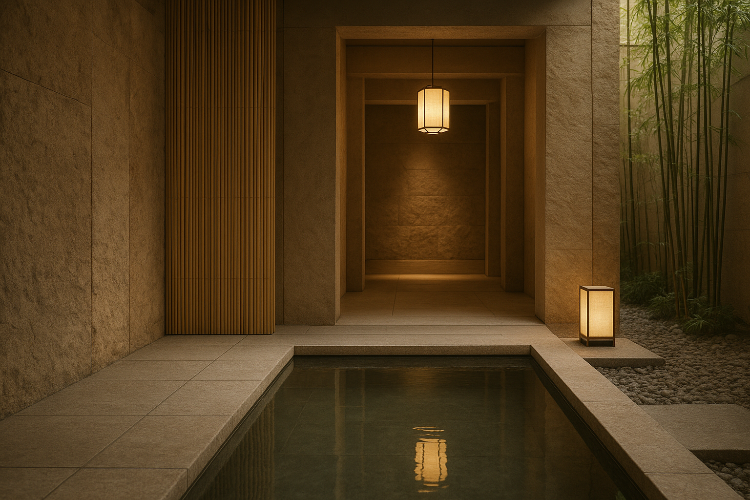Still Water Arrival — A serene entry sequence framed by stone textures, soft lantern light, and reflective pools.