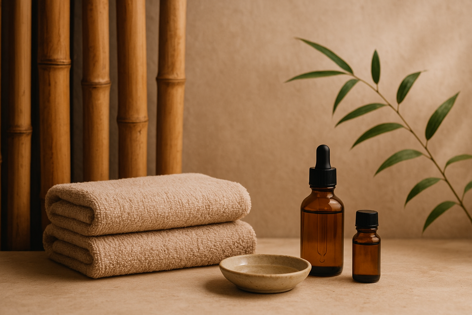 Bamboo Ritual Detail — Close textures of bamboo, folded towels, and botanical oils prepared for a restorative session.