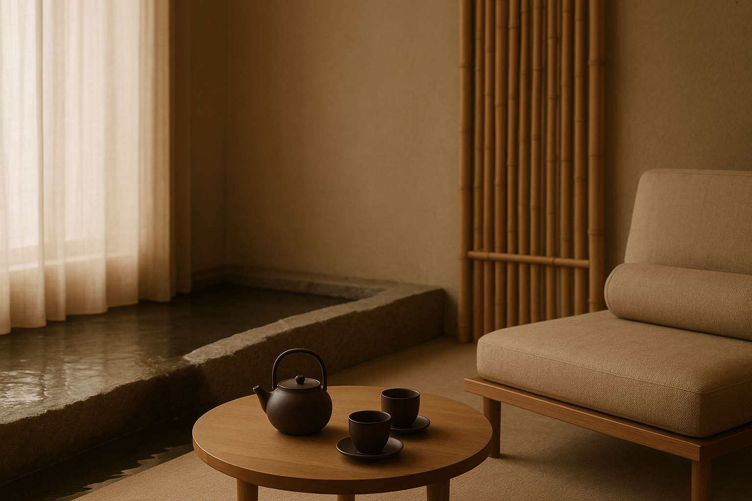 Tea & Reset Lounge — A calm pause after treatment with tea service, muted light, and pared-back seating.