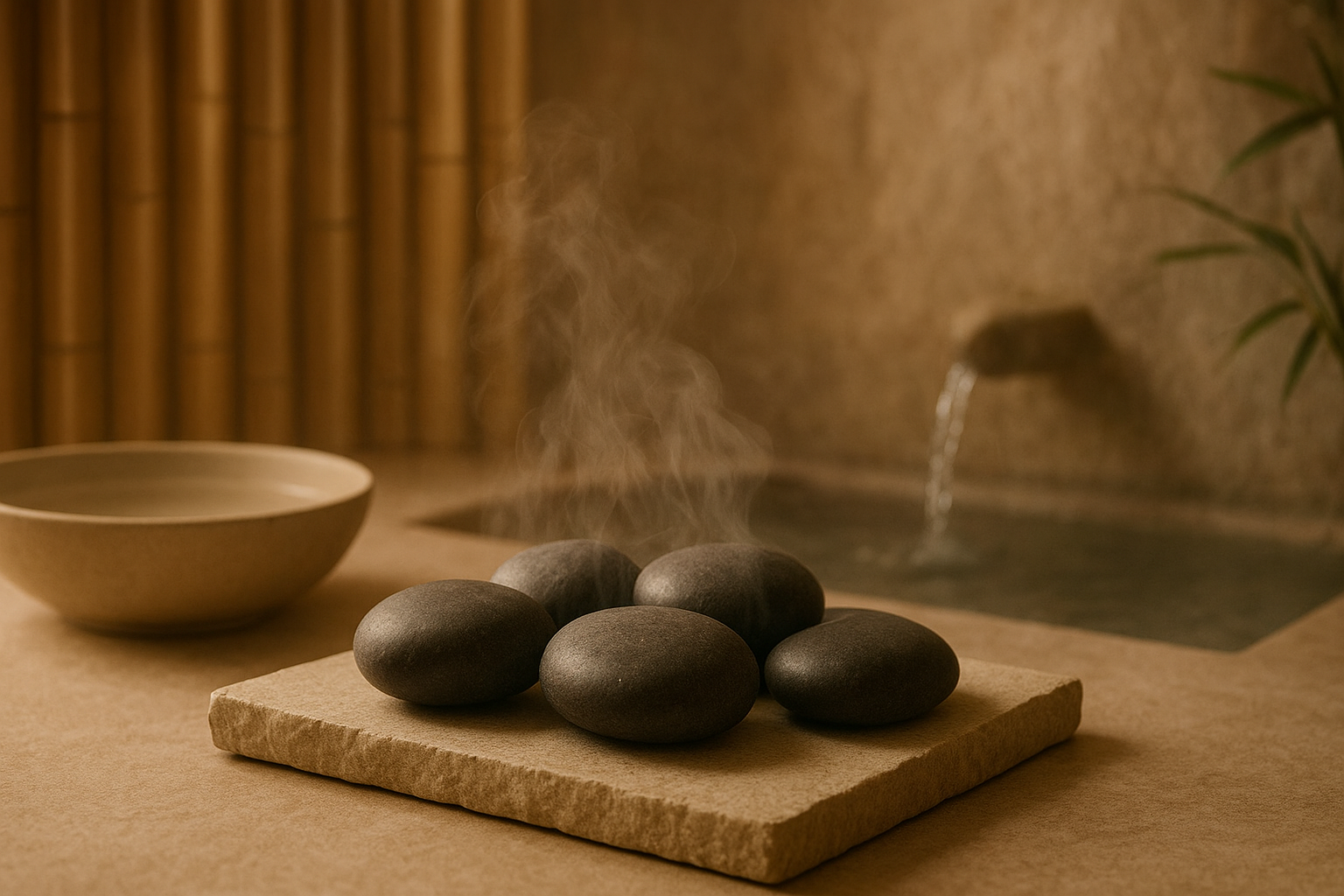 Warm Stone Ceremony — A tactile scene of heated stones, soft steam, and warm neutral tonal layering.