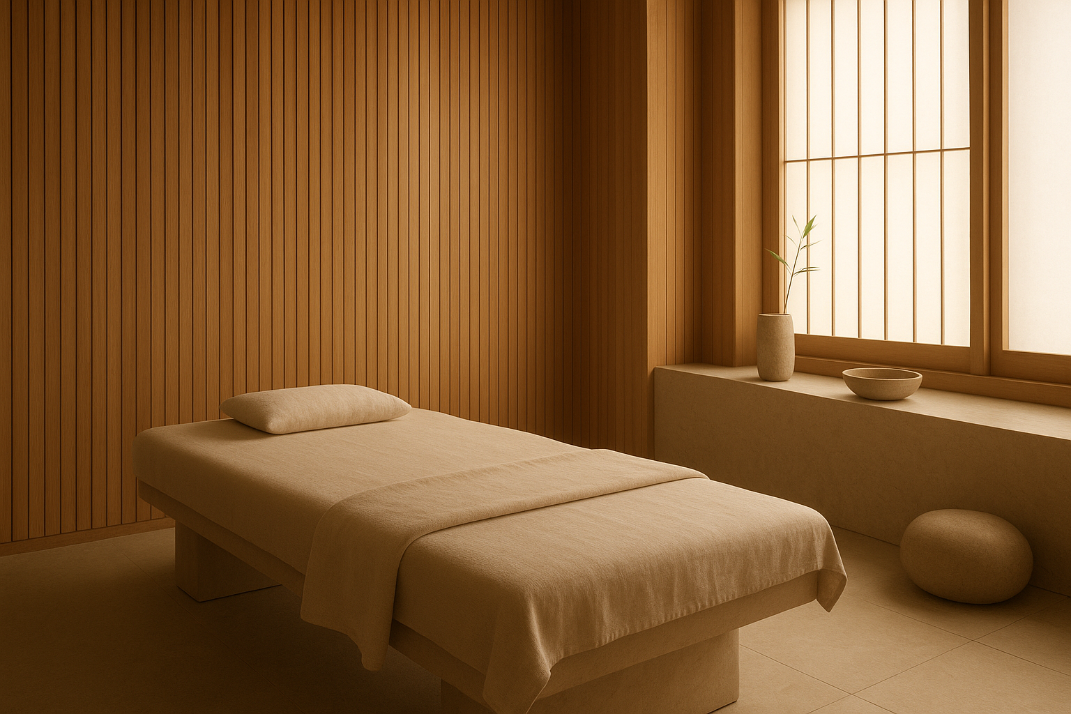 Serene Japanese-inspired spa interior with warm wood, stone textures, and soft diffused lighting