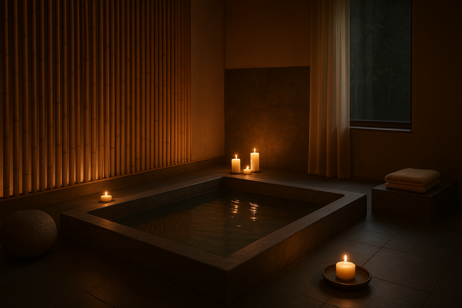 Evening Sanctuary Glow — A twilight spa atmosphere with candlelit reflections and a deeply restorative mood.