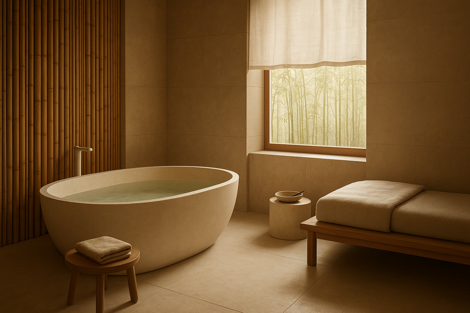 Private Treatment Suite — Quiet, intimate interiors with natural wood, linen layers, and a sculptural soaking tub.