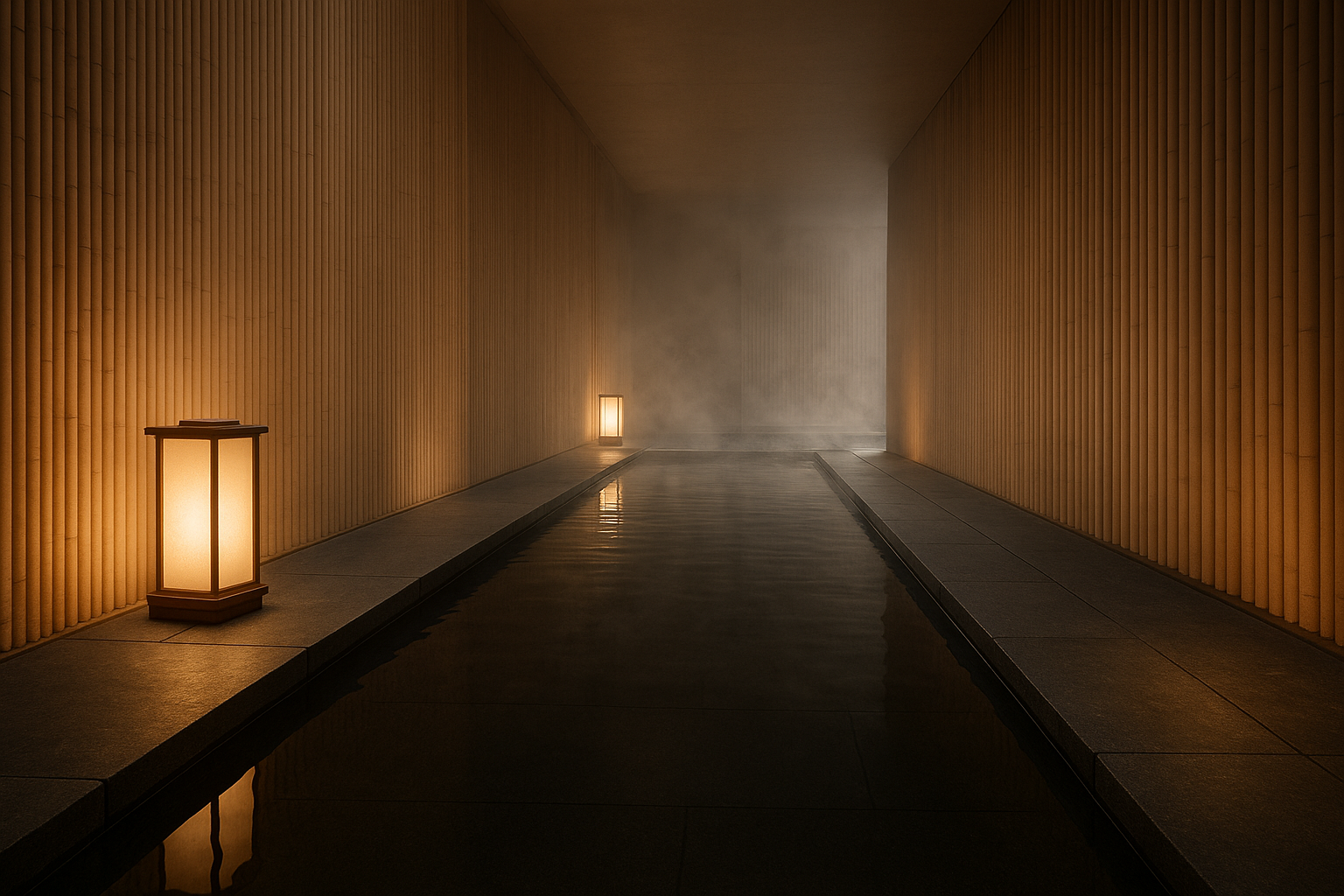 Serene Japanese-inspired luxury spa interior with bamboo accents, smooth stone pathways, reflective water features, soft steam, and warm ambient lantern lighting